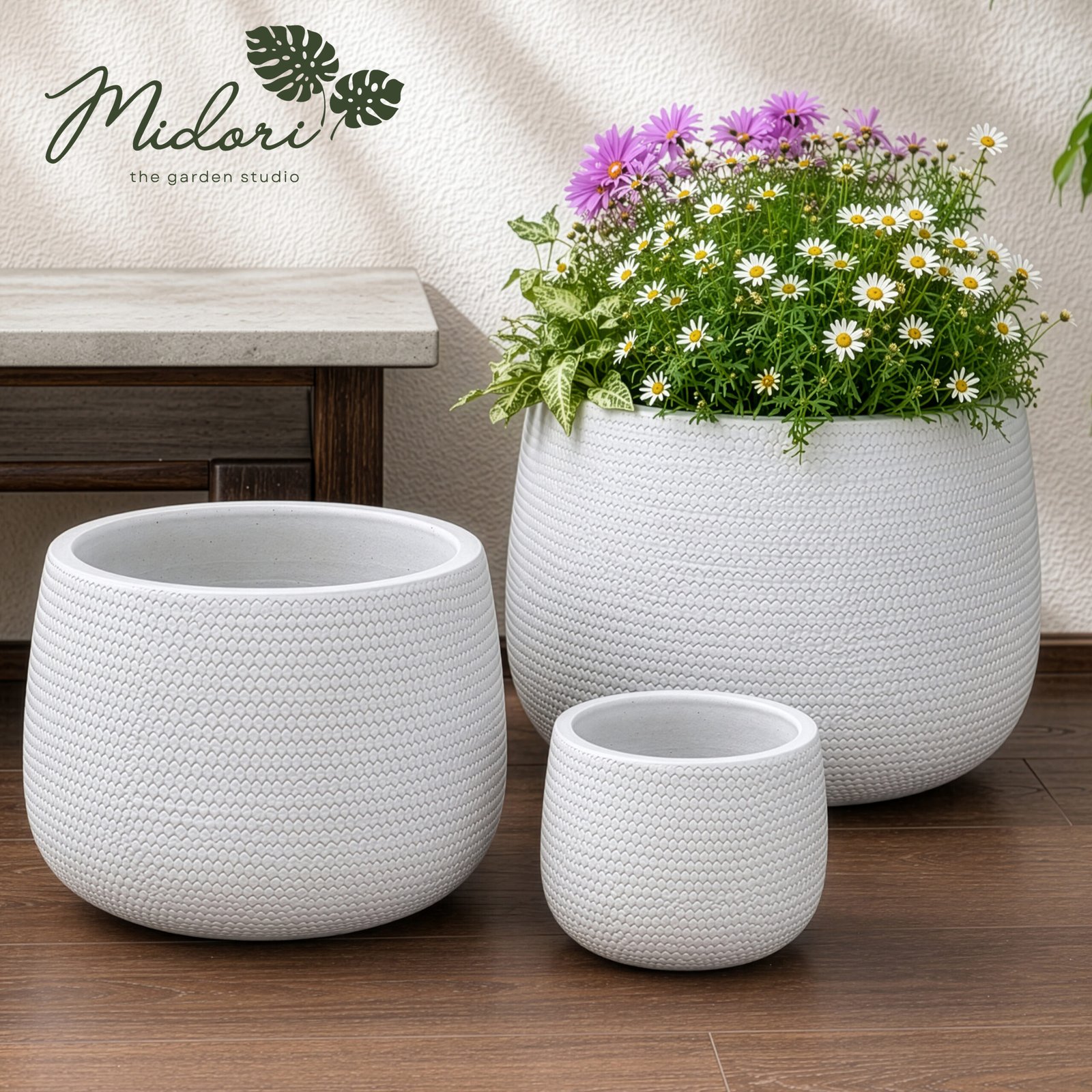 Nectar textured terracotta planter set of three sizes by Midori — Dune and Ivory shades